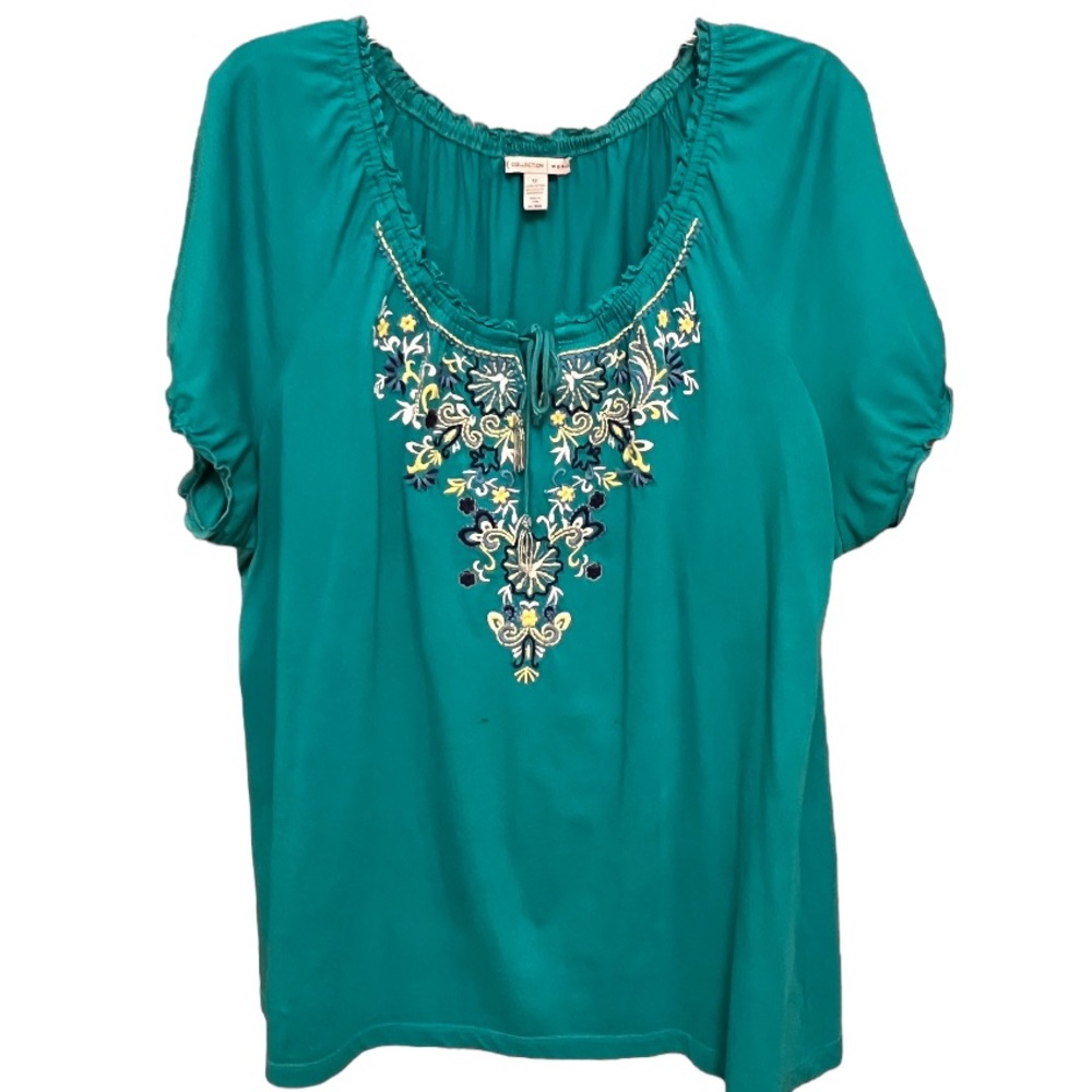 M COLLECTION Teal Green Yellow and Navy Embroidered Short Sl Boho Top WOMENS 1X